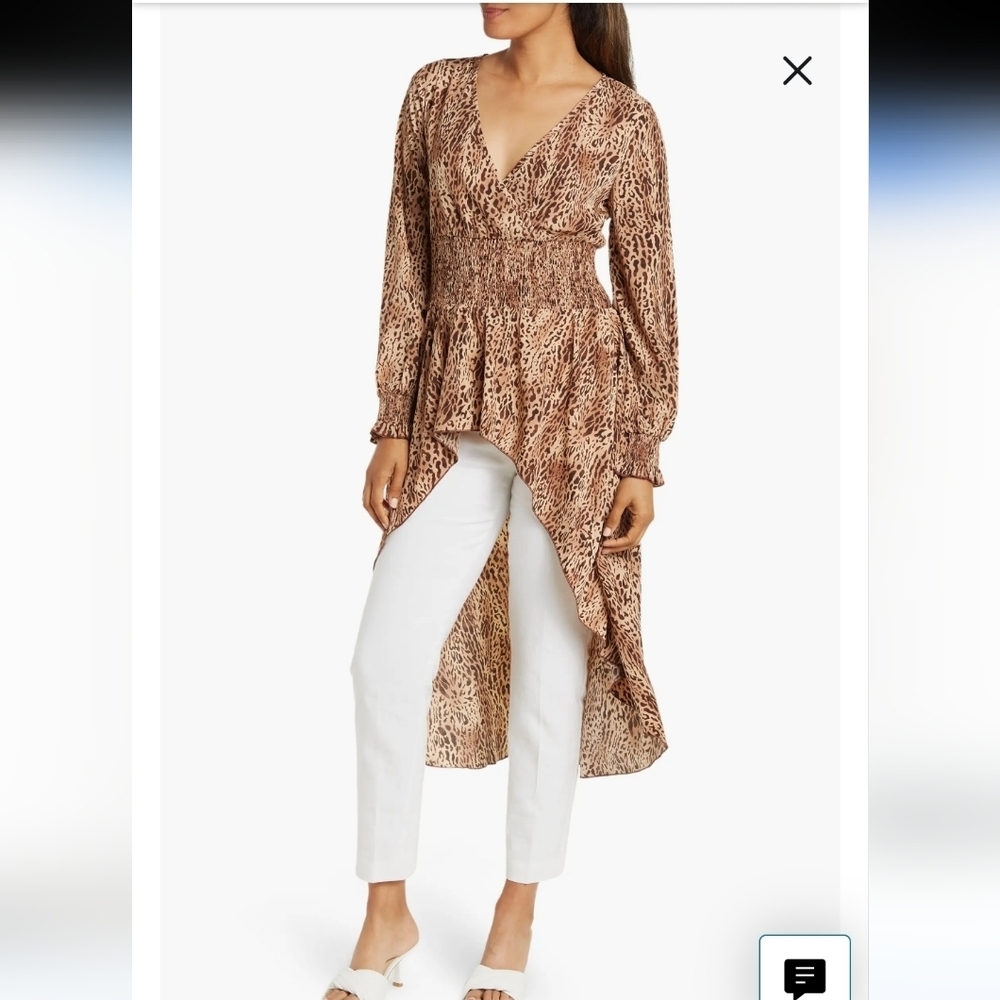 Patricia Luca Animal Print Hi-lo Tunic Smoked Waist Long Sleeves Pullover Medium